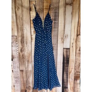 AQUA Printed Maxi Dress Navy Gold Event Cocktail Wedding Guest Prom Formal 8